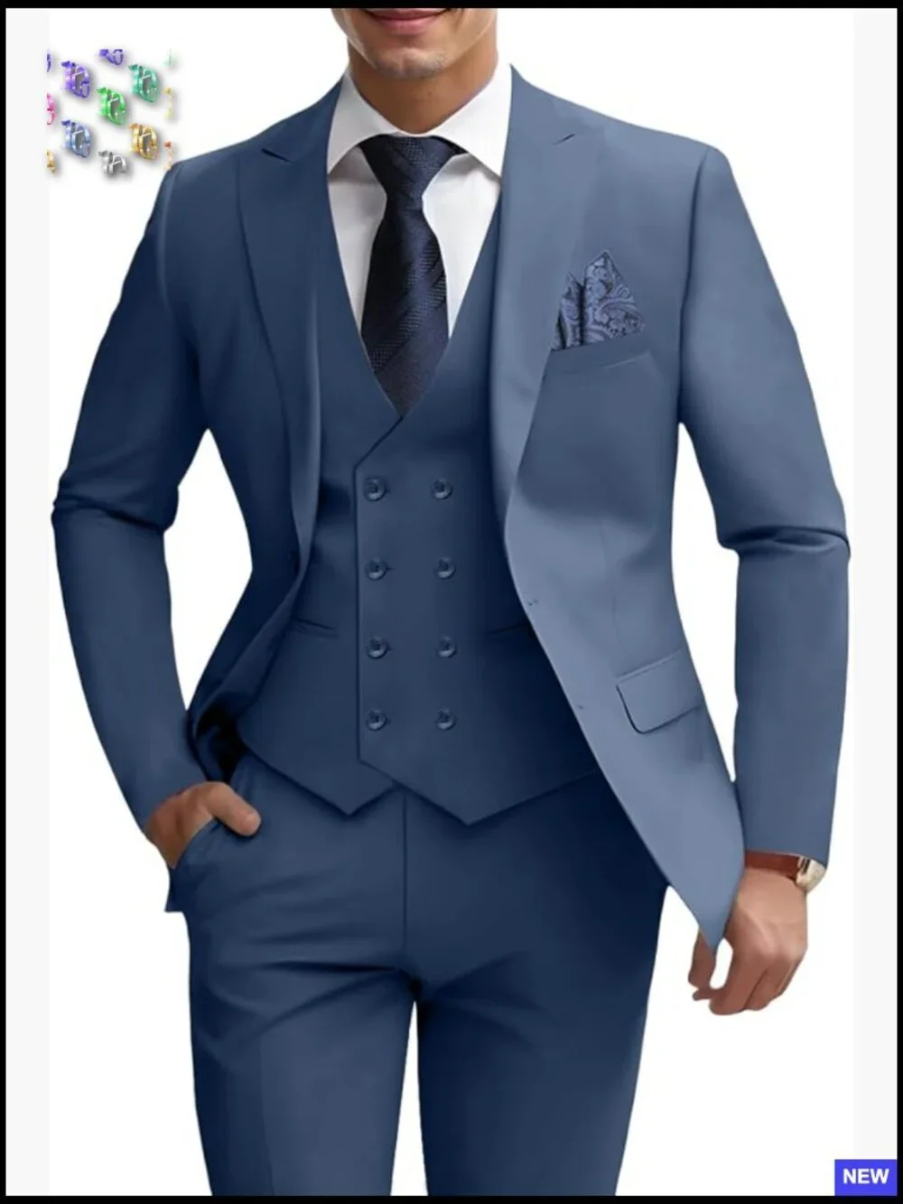 Slim Fit 3-Piece Suit Set Double Breasted Blazer Vest Pants Business Formal
